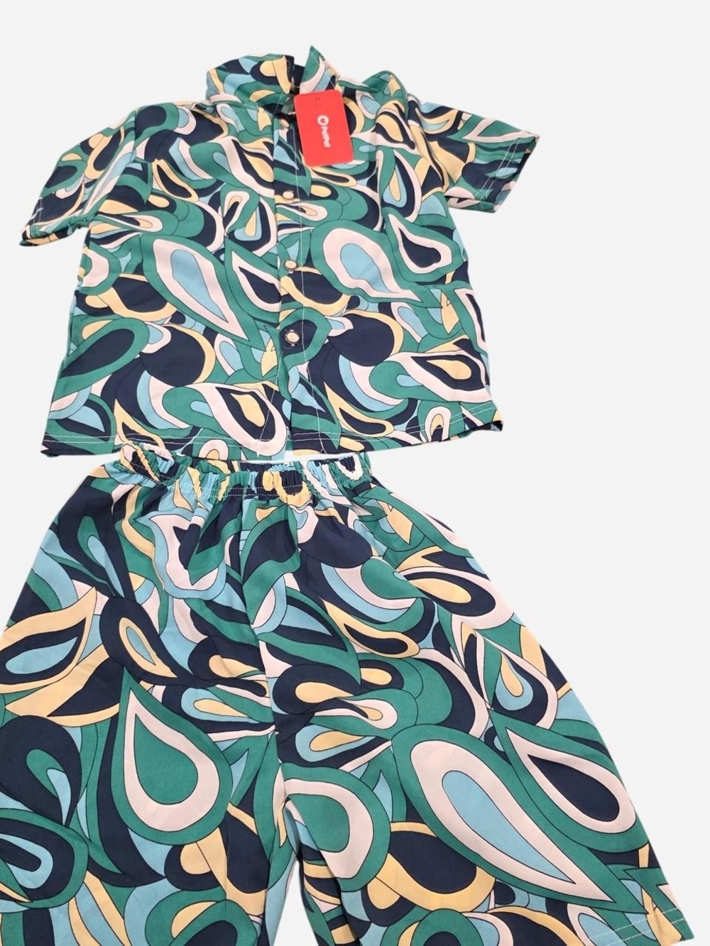 PatPat Green Navy Cream Teardrop Print Kids Pajama Set